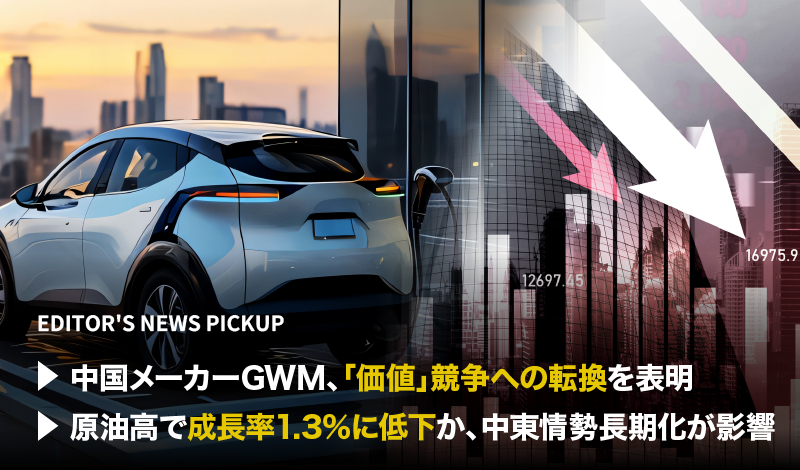 「中国メーカーGWM、価値競争への転換を表明」「原油高で成長率1.3%に低下か、中東情勢長期化が影響」