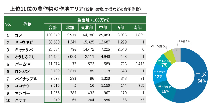 上位10位の農作物の作地エリア（穀物、果物、野菜などの食用作物）